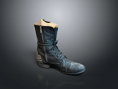 Stylish Black Leather High Top Boots With Laces Studded Decoration And Light Colored Inner Cuff 3d model