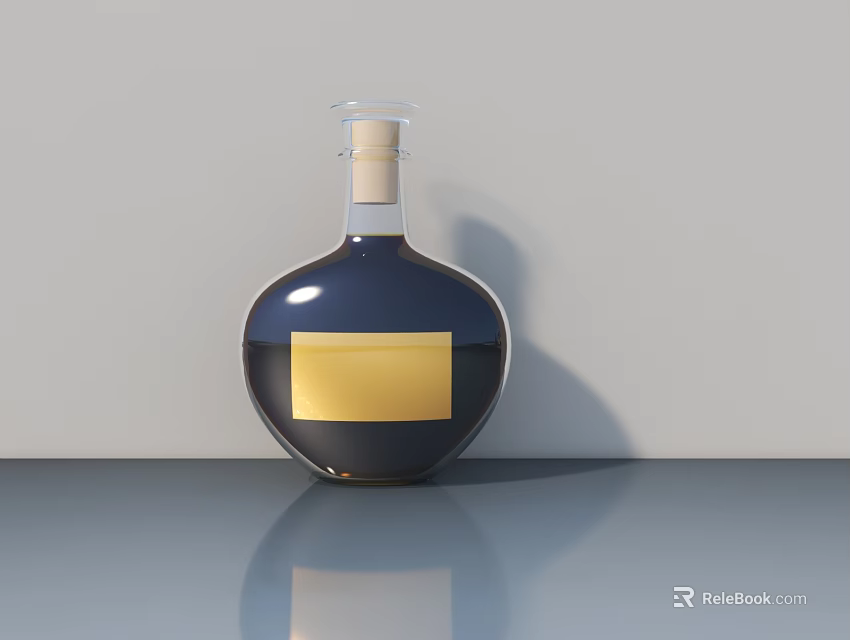 Dark Glass Bottle With Gold Label And Cork Stopper On Shiny Gray Surface 3d model 