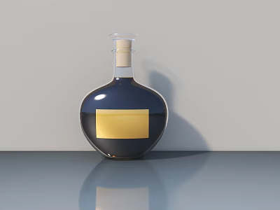 Dark Glass Bottle With Gold Label And Cork Stopper On Shiny Gray Surface 3d model