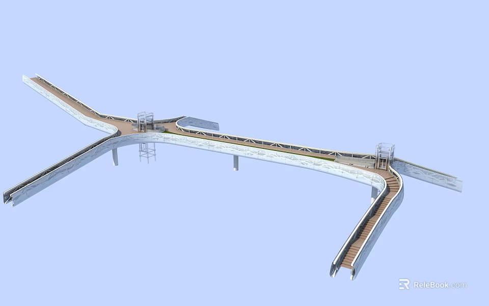 Modern Scenic Branched Pedestrian Bridge Design With Wooden Walkway And Railings 3d model 