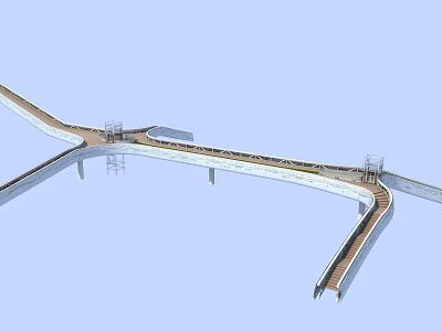 Modern Scenic Branched Pedestrian Bridge Design With Wooden Walkway And Railings 3d model