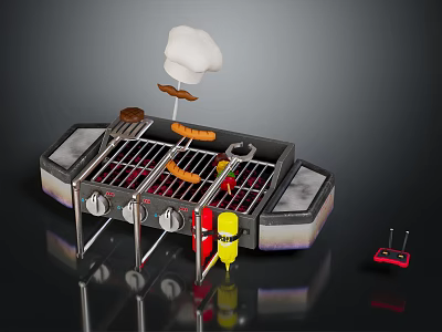 Outdoor Barbecue Grill With Smoking Sausages Skewers Sauce Bottles And Control Knobs 3d model