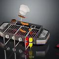 Outdoor Barbecue Grill With Smoking Sausages Skewers Sauce Bottles And Control Knobs