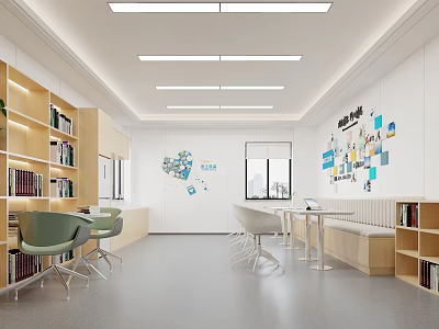 Bright Casual Lounge With Wooden Bookshelves Tables Chairs And Decorative Wall Art 3d model