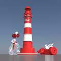Coca-Cola Themed Polar Bear Holding Balloons Next to Red White Striped Lighthouse