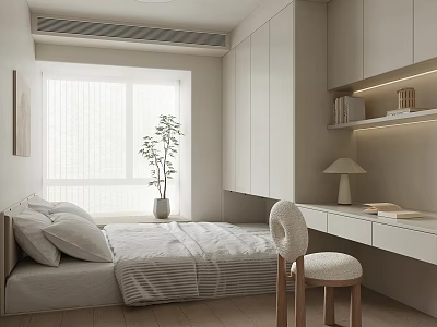 Minimalist Tatami Bedroom With Platform Bed Window Potted Plant Built in Cabinets And Study Desk Chair 3d model
