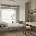 Minimalist Tatami Bedroom With Platform Bed Window Potted Plant Built in Cabinets And Study Desk Chair