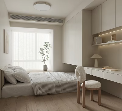 Minimalist Tatami Bedroom With Platform Bed Window Potted Plant Built in Cabinets And Study Desk Chair 3d model