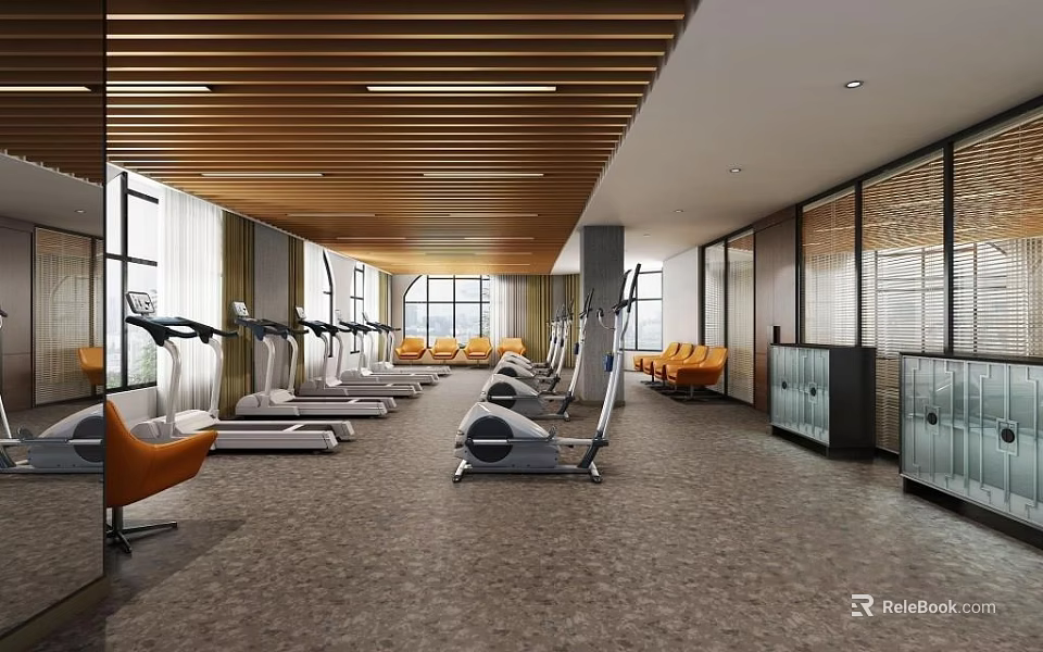 Modern Fitness Gym Interior With Workout Equipment Treadmills And Orange Chairs 3d model 