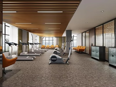Modern Fitness Gym Interior With Workout Equipment Treadmills And Orange Chairs 3d model