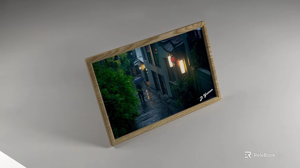 Landscape Painting Of Rainy Night Street With Buildings Lights And Green Plants In Wooden Frame 3d model 
