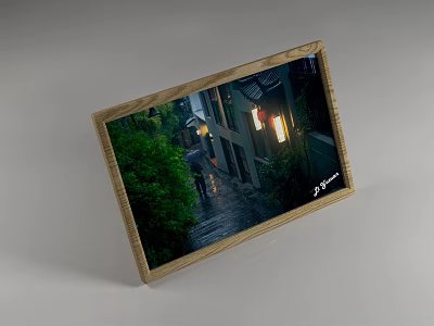 Landscape Painting Of Rainy Night Street With Buildings Lights And Green Plants In Wooden Frame 3d model