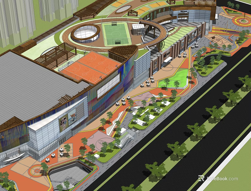 Modern Commercial Landscape Design With Circular Plaza Greenery And Pedestrian Areas 3d model 