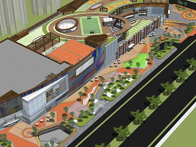 Modern Commercial Landscape Design With Circular Plaza Greenery And Pedestrian Areas 3d model