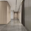 Modern Elevator Hallway Interior Design With Wooden Walls Marble Flooring And Recessed Lighting