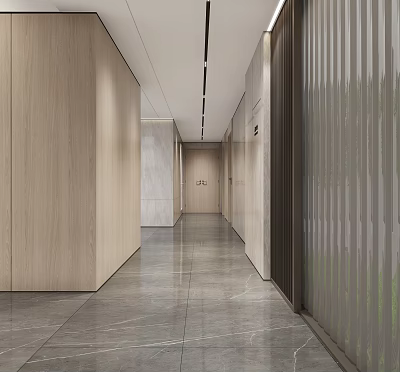 Modern Elevator Hallway Interior Design With Wooden Walls Marble Flooring And Recessed Lighting 3d model