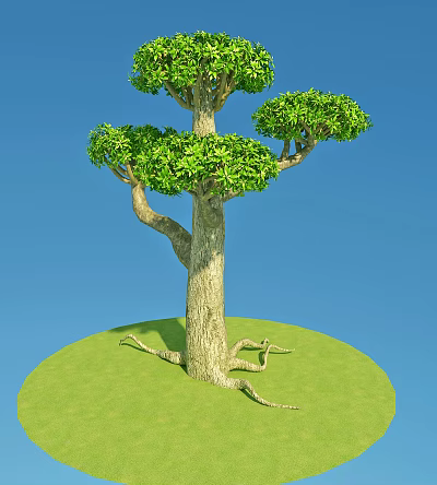 Lush Green Tree With Thick Trunk And Exposed Roots On Green Grass Under Blue Sky 3d model