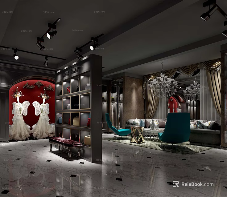 Modern Luxury Clothing Store With Display Shelves Sofa Chandelier And Elegant Decor 3d model 