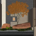 Modern Courtyard Garden Design With Autumn Colored Tree Large Rocks Pebbles And Lighting