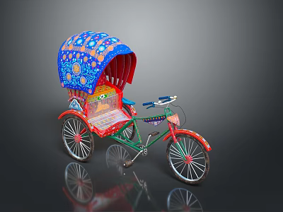 Colorful Commercial Rickshaw Featuring Blue Decorated Canopy Red Green Body Seat And Pedals 3d model