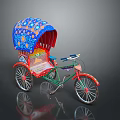 Colorful Commercial Rickshaw Featuring Blue Decorated Canopy Red Green Body Seat And Pedals