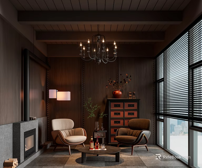 Modern Bar Interior With Dark Wooden Walls Ceiling Chandelier Armchairs Fireplace And Large Windows 3d model 