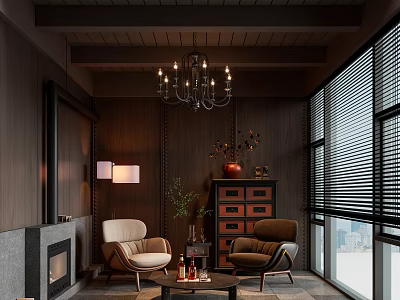 Modern Bar Interior With Dark Wooden Walls Ceiling Chandelier Armchairs Fireplace And Large Windows 3d model