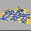Indoor Space Layout Model With Multiple Sections Blue Flooring Yellow Borders Green Plants And Tables