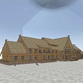 Large Wooden Building With Sloped Roof Multiple Windows Open Square City Background Floating Circular Object