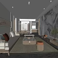 Modern Living and Dining Room Interior With Wooden Sofa Marble Wall Coffee Table and Dining Chairs