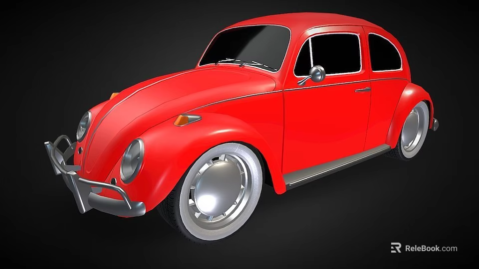 Red Vintage Classic Car With Rounded Body Shiny Silver Wheels And Black Windows 3d model 