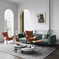 Green Leather Sofa and Black Round Coffee Table Set with Decorative Art and Arched Windows