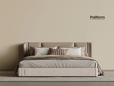 Poliform Modern Minimalist Double Bed With Upholstered Headboard And Beige Bedding 3d model
