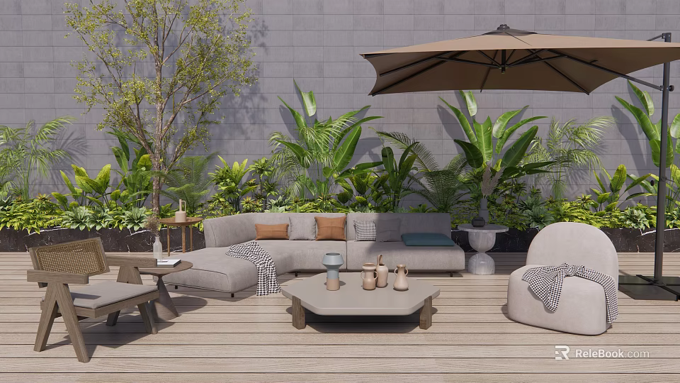 Outdoor Sofa Setup With Cushions Lush Greenery Coffee Table And Umbrella 3d model