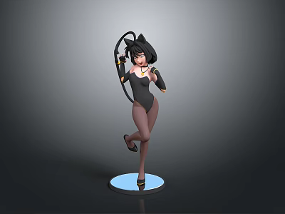 3D Anime Character Model With Cat Ears Tail And Black Bodysuit Standing On Round Base 3d model