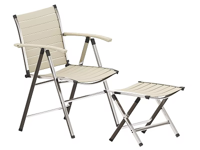 Folding Outdoor Chair with Beige Slatted Seat Metal Frame and Ottoman Footrest 3d model