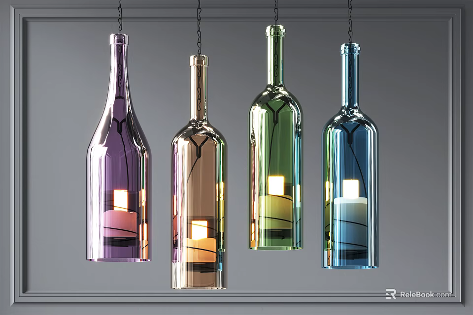 Unique Colorful Glass Wine Bottle Shaped Pendant Lights With Hanging Candles 3d model 