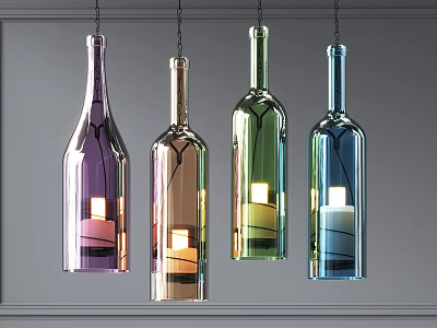 Unique Colorful Glass Wine Bottle Shaped Pendant Lights With Hanging Candles 3d model