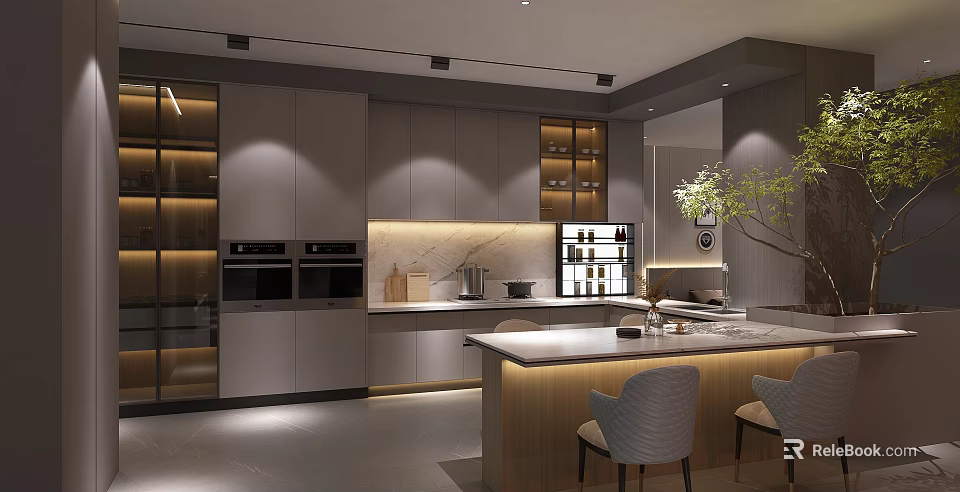 Modern Kitchen Interior Design With Gray Cabinets Marble Island Counter And Built-in Appliances 3d model 