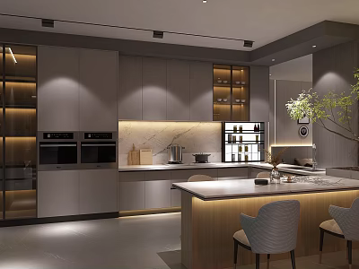 Modern Kitchen Interior Design With Gray Cabinets Marble Island Counter And Built-in Appliances 3d model