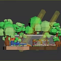 Cartoon Scene With Green Trees Small House Blue Car Pathway Pond And Colorful Flowers