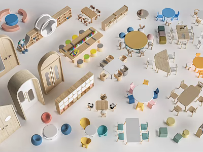 Colorful Wooden Kids Table With Various Styles Matching Chairs And Storage Units For Kids Room 3d model