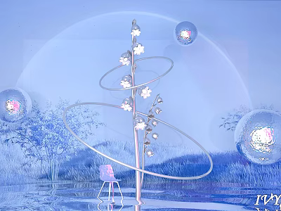 Blue Toned Fantasy Scene With Crystal Orbs Blossom Tree And Circular Rings 3d model