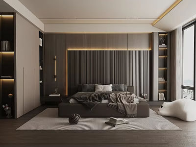Modern Bedroom Interior Design With Striped Headboard Wall Wooden Bookshelves And Floor To Ceiling Windows 3d model