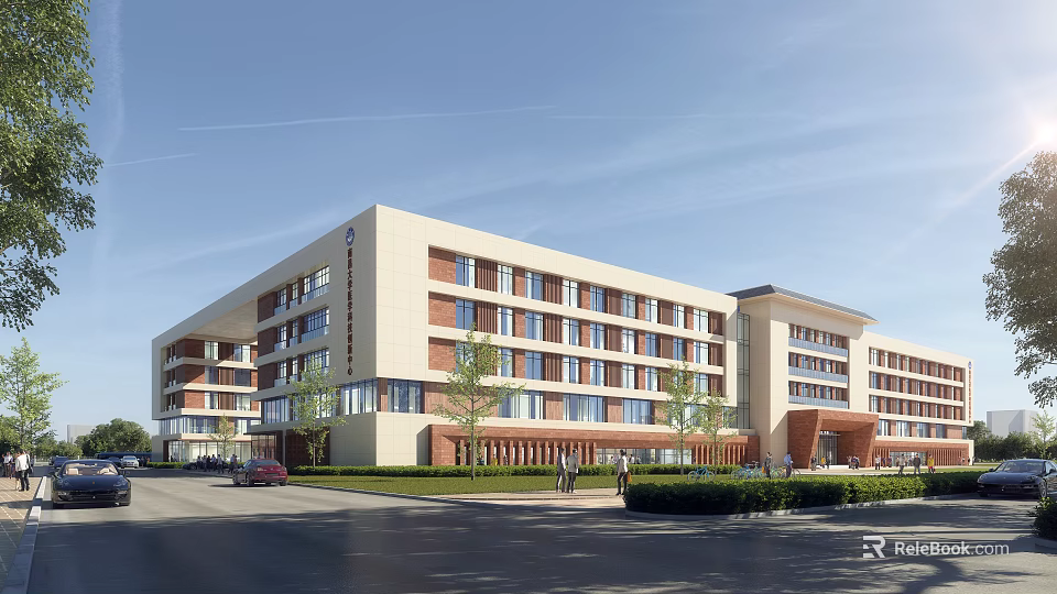 Modern School Building Exterior With White Red Brick Facade Large Windows Green Lawns And Trees 3d model 