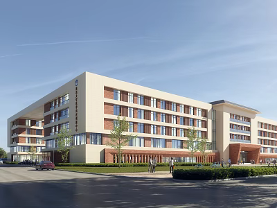 Modern School Building Exterior With White Red Brick Facade Large Windows Green Lawns And Trees 3d model