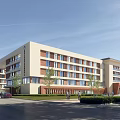 Modern School Building Exterior With White Red Brick Facade Large Windows Green Lawns And Trees