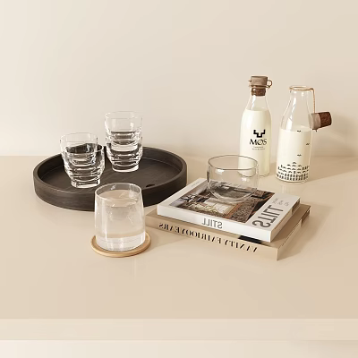 Stylish Clear Glass Cups on Wooden Tray with Decorative Books and Bottles 3d model
