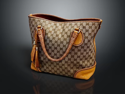 Classic Patterned Tote Bag With Braided Handles Tassel Detail And Leather Trim 3d model