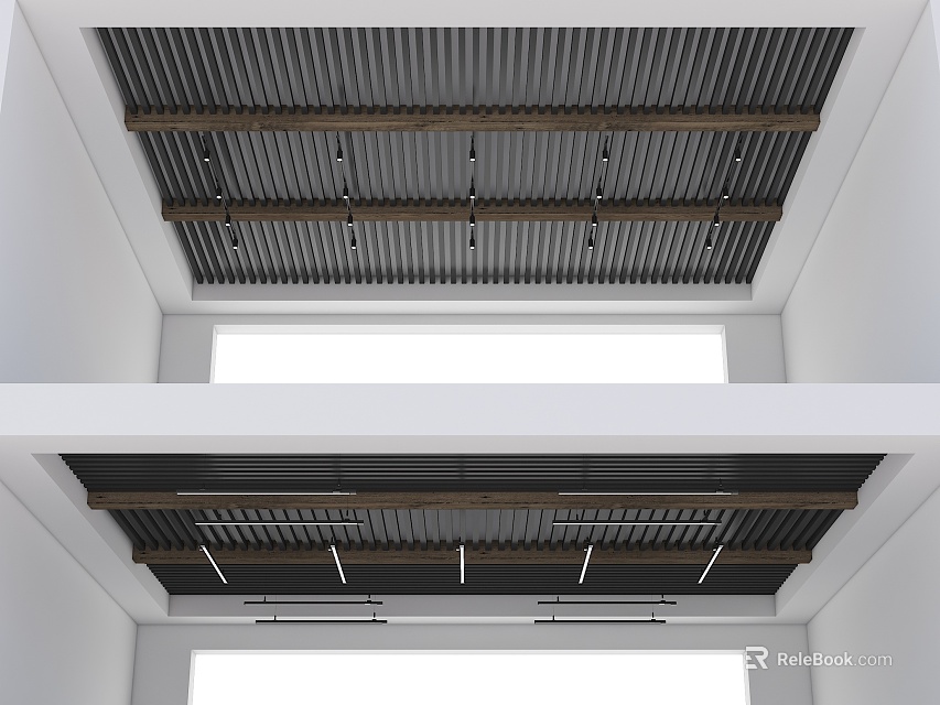 Modern Ceiling Design With Linear Metal Strips Wooden Beams And LED Lighting 3d model 